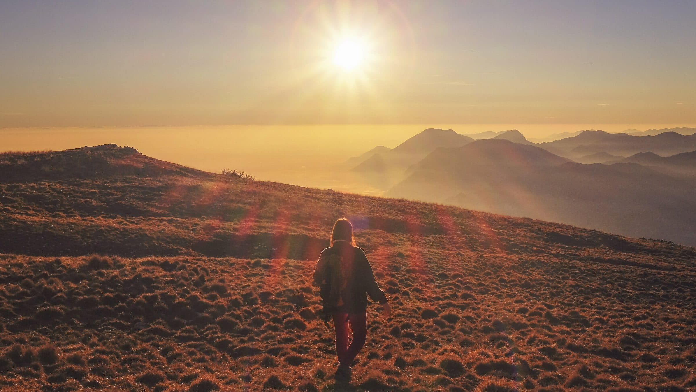 A person walking through a mountain meadow at golden hour